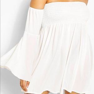 Plus Shirred Off Shoulder Wide Sleeve Shift Dress